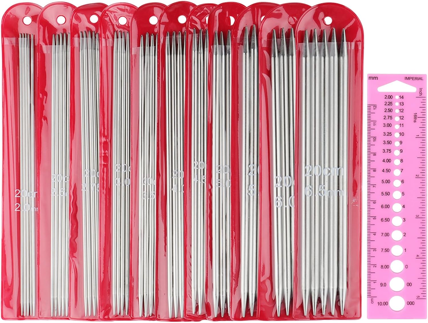 Coopay 55pcs DPN Knitting Needles Set with Knitting Needle Gauge, 2.0mm to 6.5mm, Short Double Pointed Knitting Needles Kit for Beginner & Kids, 20cm Metal Straight Knitting Needles Set Double Ended