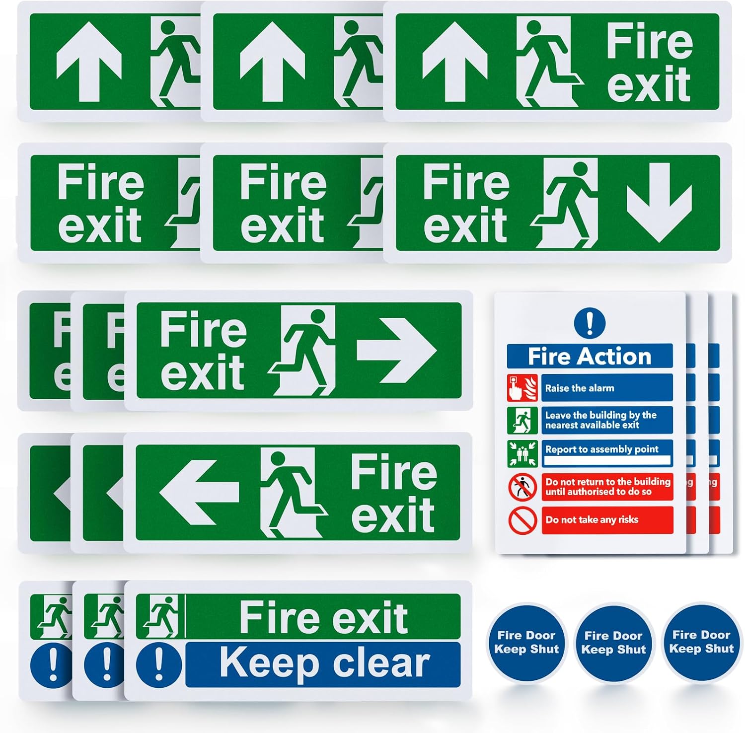 21pcs Premium Fire Exit Sign Kit (Right, Left, Up, Down Arrow) - Fire Action Notice Sign, Keep Clear, Door Keep Shut, Self Adhesive Vinyl Sticker EN ISO 7010 Compliant