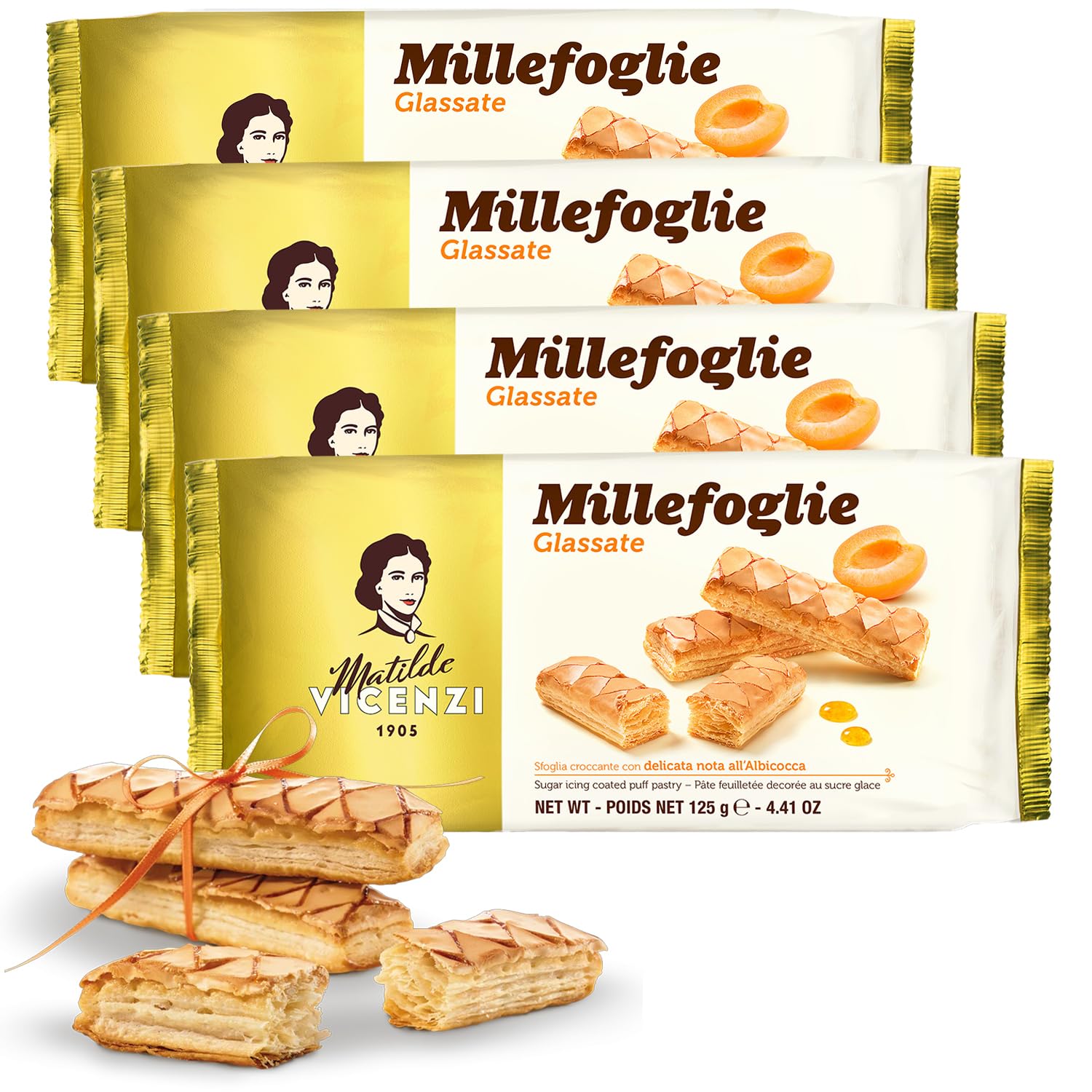 Millefoglie D'Italia Glassate by Pasticceria Matilde Vicenzi, Gourmet Italian Puff Pastry Cookies, Made in Italy - 4.41oz (125g), 4-Pack