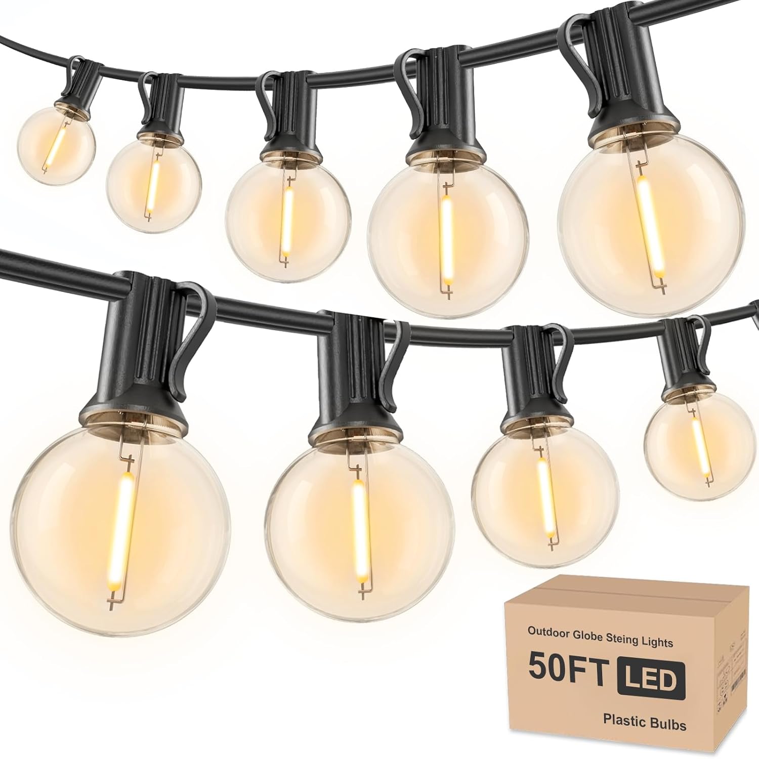 Outdoor String Lights 50ft, G40 Led Patio Globe Lights with 26pcs Plastic Bulbs, Shatterproof Waterproof Connectable Hanging for Porch Cafe Bistro Backyard Gazebo Balcony Deck Party