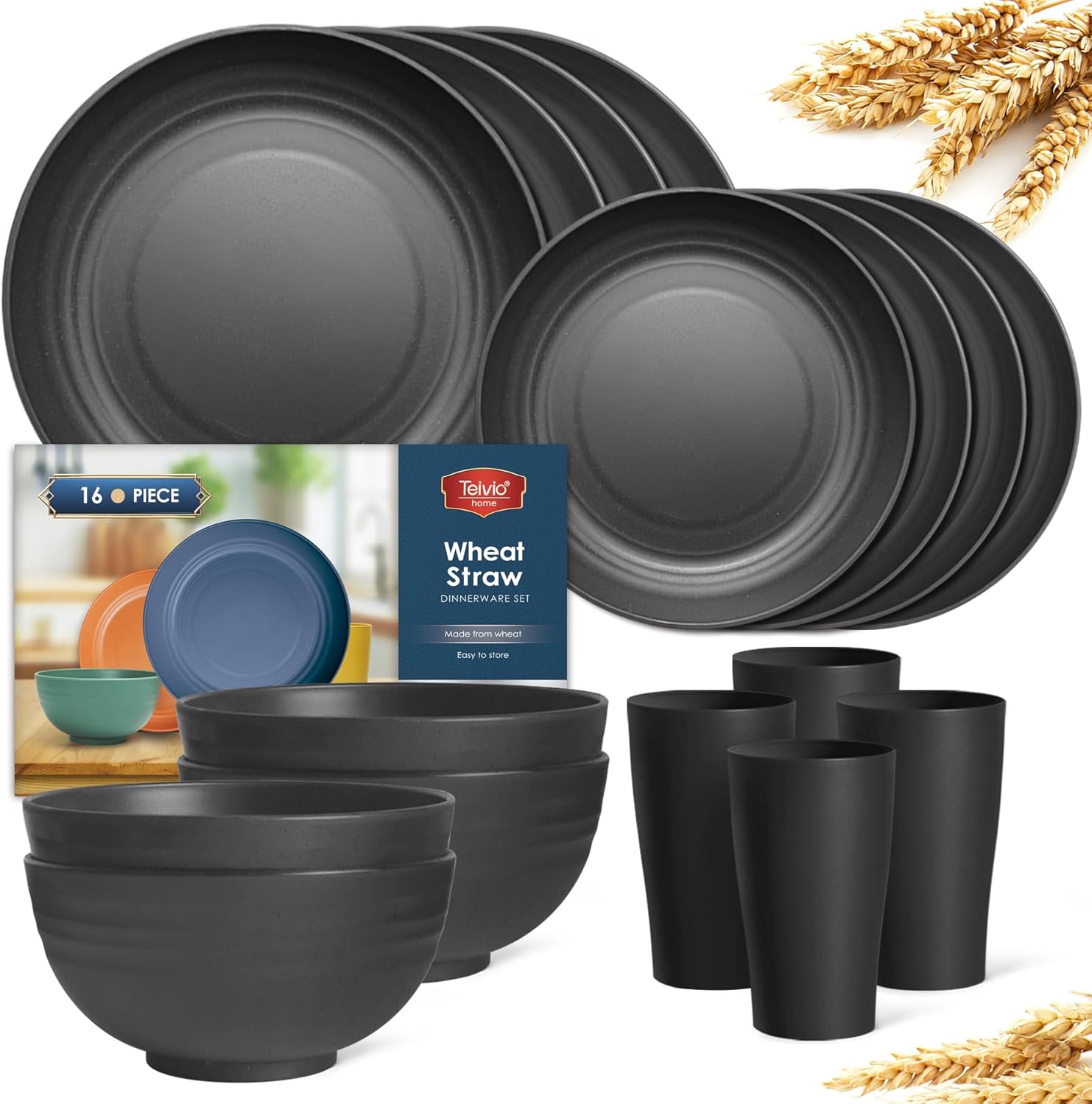 Teivio 16-Piece Kitchen Plastic Wheat Straw Dinnerware Set, Service for 4, Dinner Plates, Dessert Plate, Cereal Bowls, Cups, Unbreakable Plastic Outdoor Camping Dishes, Black