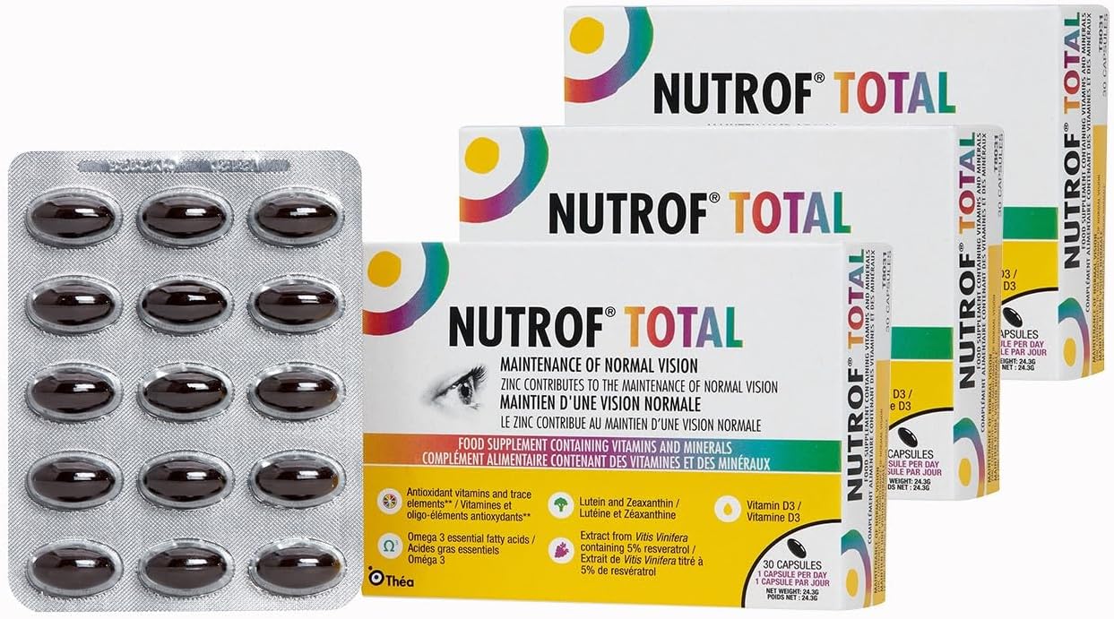 Nutrof Total Capsules – Once Daily Food Supplement with Lutein, Zeaxanthin, Omega 3, and Antioxidants | 3 Pack of 30 Capsules (1 Capsule per Day - 3-Month Supply)