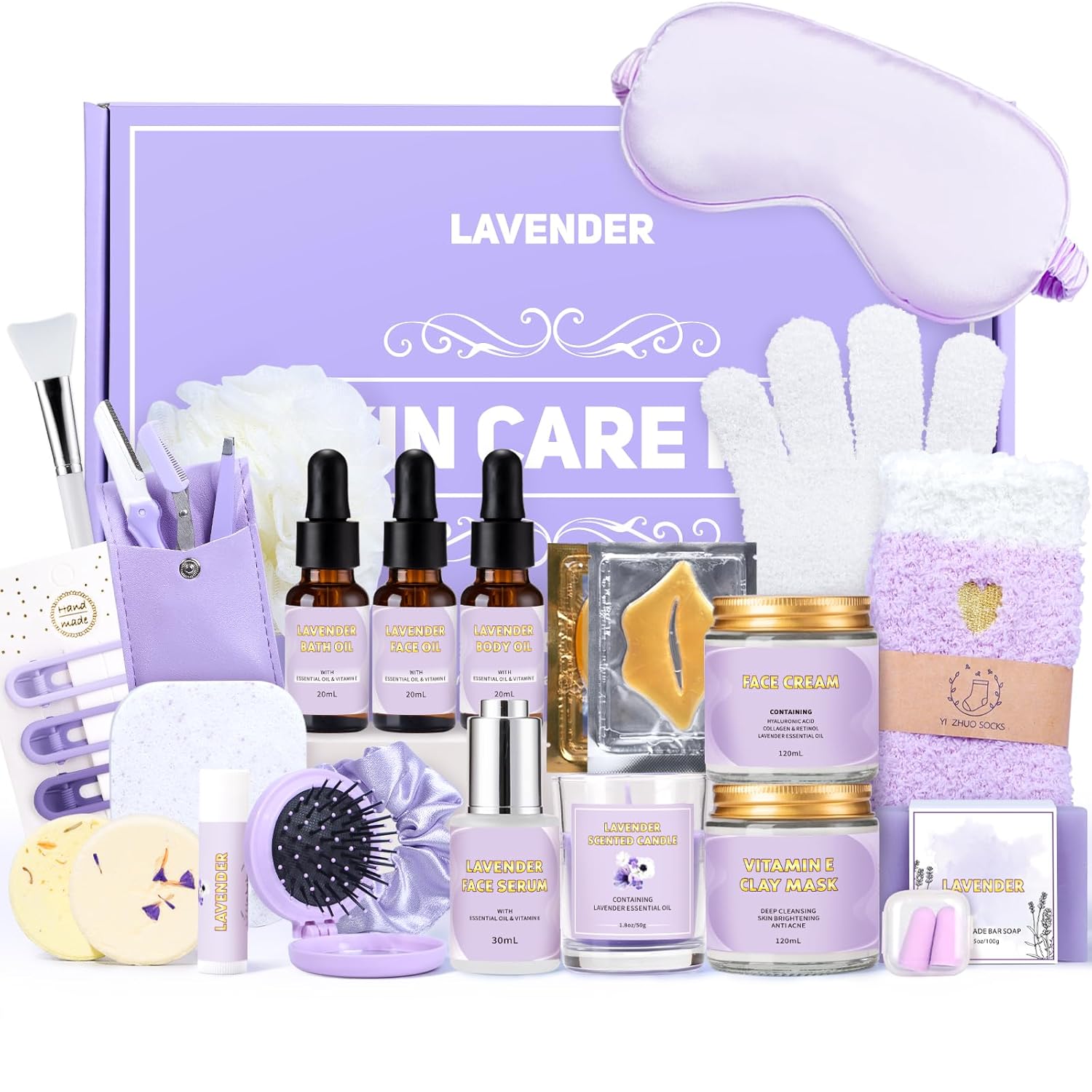 Facial Skin Care Set & Spa Kit, Lavender Spa Gifts for Women, Body & Facial Relaxation Kit, Mothers Day Gift Ideas, Self Care Gifts Birthday Christmas Gifts Includes Face Cream Oil Shower Accessories