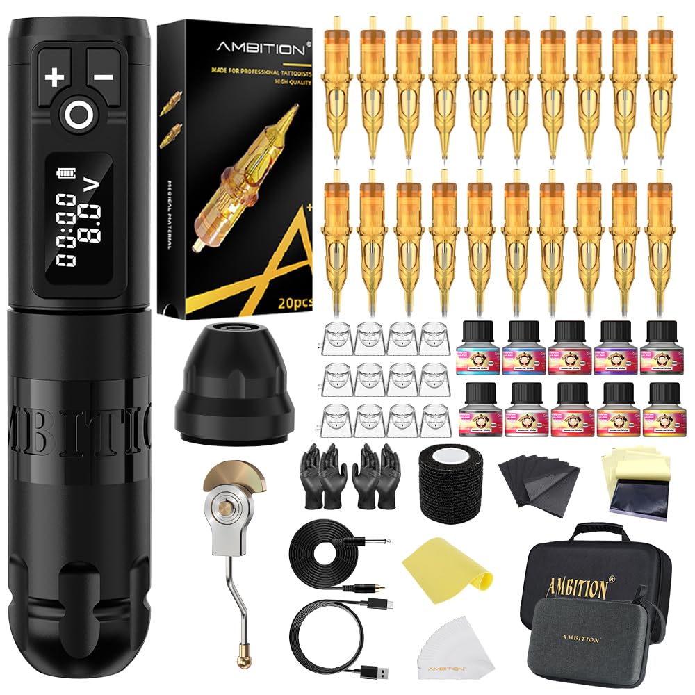 Ambition Soldier Tattoo Machine Kit Complete Rotary Wireless Tattoo Pen Gun Kit with 20pcs Glory Tattoo Cartridge Needles Practice Skin Supplies for Beginners & Professional Artists, Black