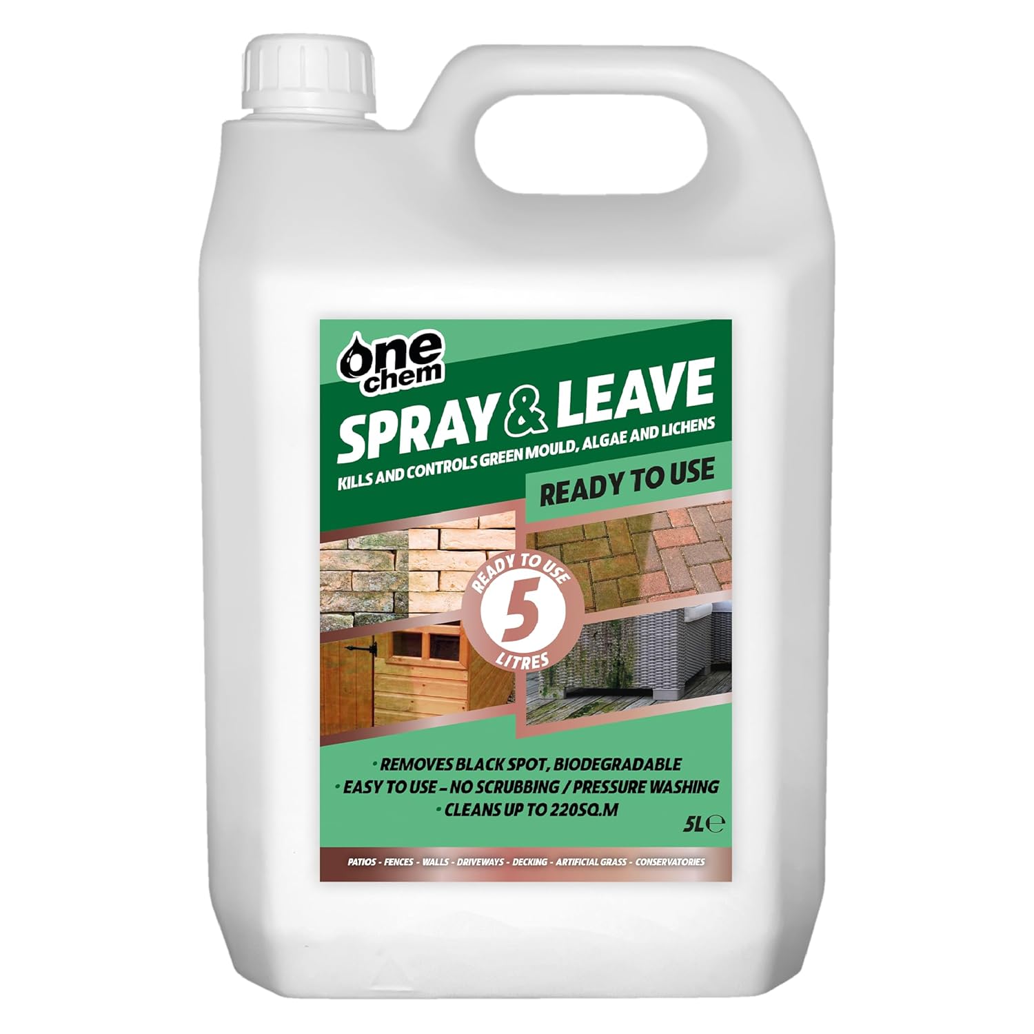 One Chem Spray and Leave 5 Litre Ready To Use, Green Algae and Mould Killer