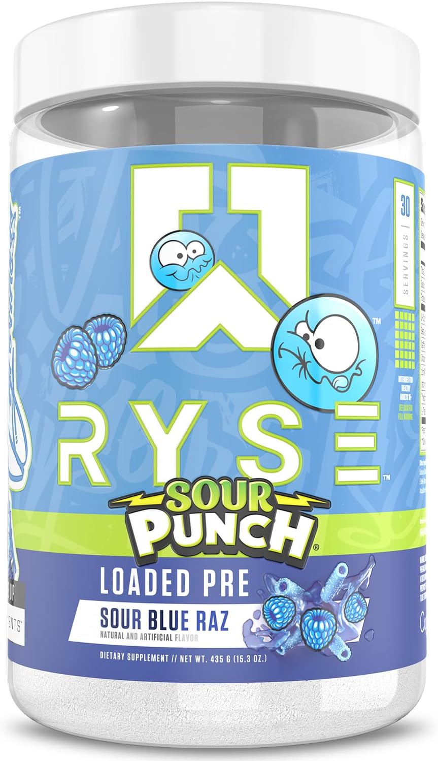 RYSE Loaded Pre Workout Powder - Sour Punch Blue Raz - Daily Pre-Workout for Men & Women with 390mg Caffeine, Beta Alanine, and Citrulline for Pump, Focus, and Energy - 30 Servings