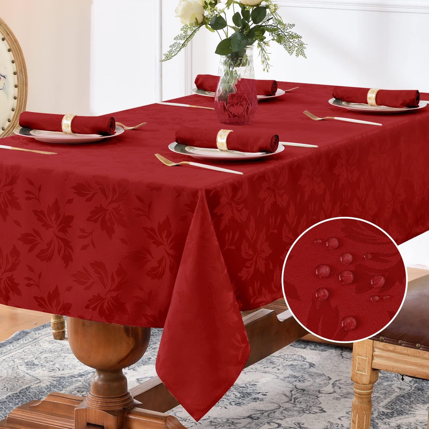 Romanstile Christmas Jacquard Rectangle Tablecloth - Winter Waterproof Damask Floral Decorative Table Cloths Heavy Weight Fabric Table Covers for Dinner/Parties/Holiday - 60 x 84 Inch, Red