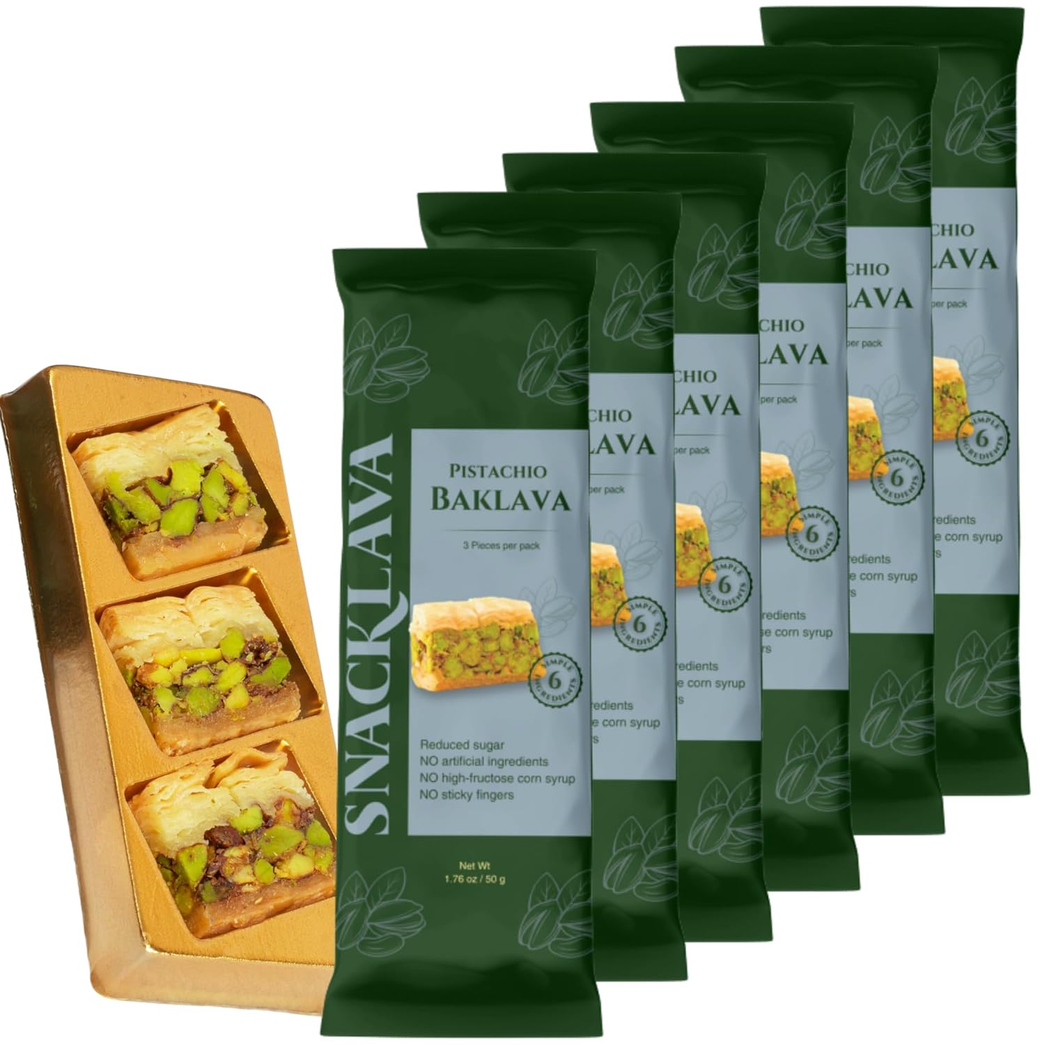Snacklava Pistachio Baklava Bites - 6 Pack (3 Pieces per Pack) - No Artificial Ingredients, Colors or Preservatives (Pack of 6, Pistachio)