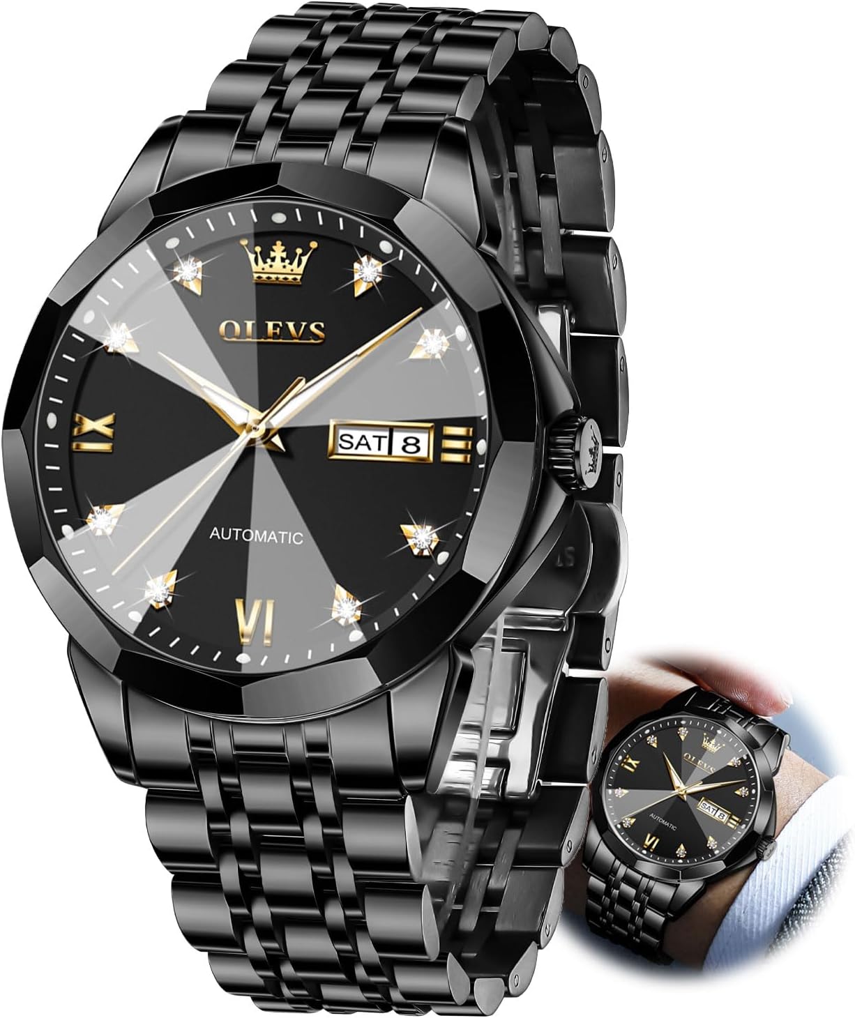 OLEVS Watch for Men Automatic Classic Mechanical Watch Diamond Mirror Stainless Steel Dress Casual Waterproof Day/Date Calendar