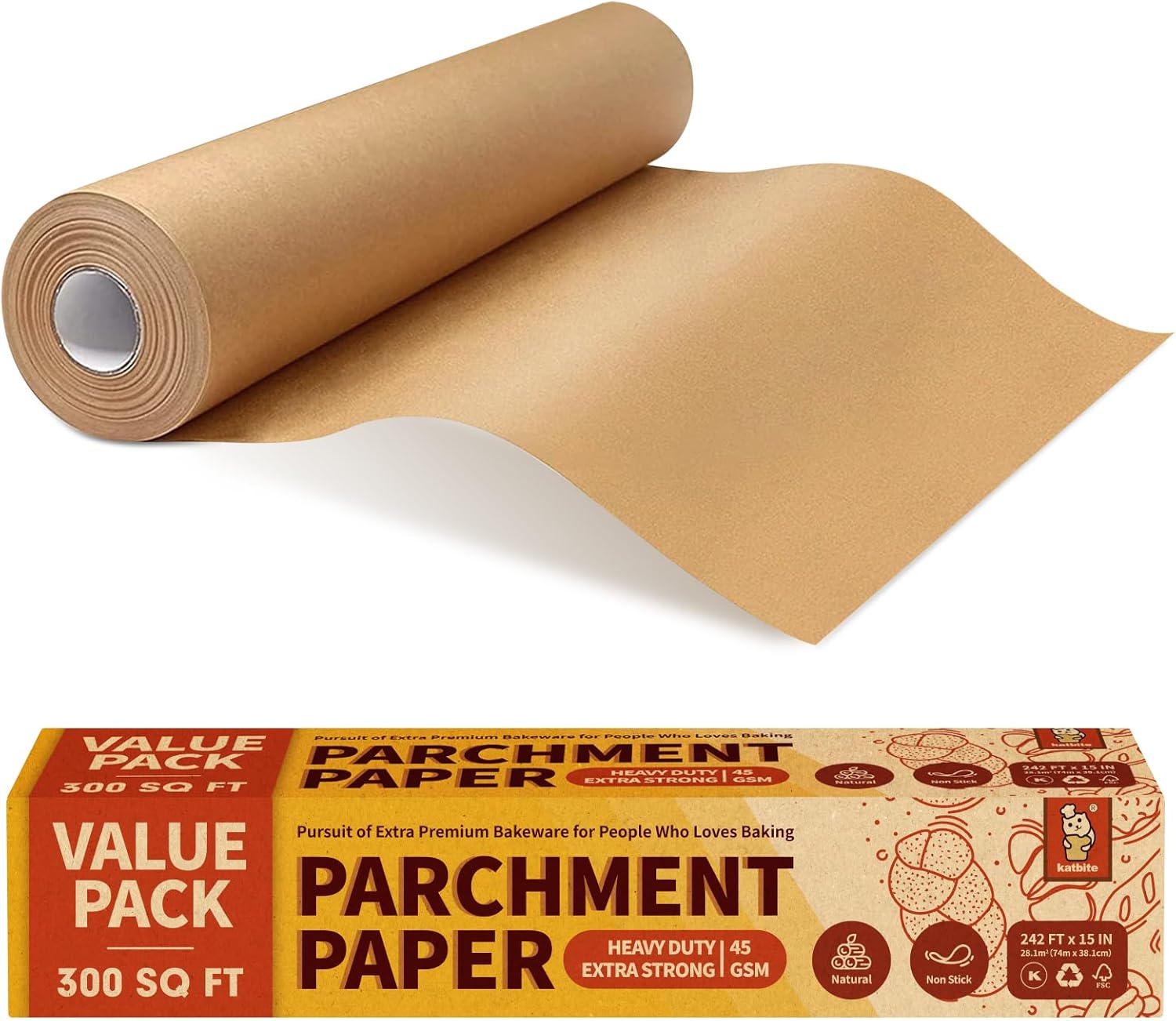 Katbite Parchment Paper Heavy Duty Unbleached Baking Parchment Roll, 38CM x 74M, Non Stick Baking Paper Roll for Baking, Cooking, Freezing, for Oven, Kitchen, Air Fryer, Freezer, Pastry