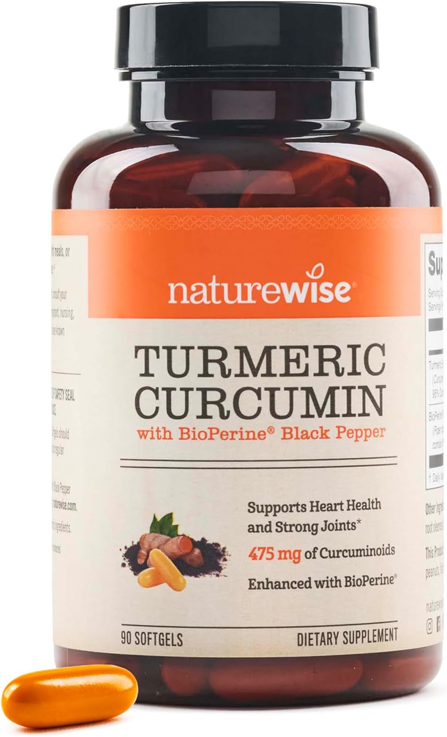 NatureWise Turmeric Curcumin 500mg with Black Pepper Softgels - Extra Strength, Enhanced Absorption - 95% Curcuminoids & BioPerine for Immune Support - Gluten-Free, Non-GMO - 90 Count[3-Month Supply]