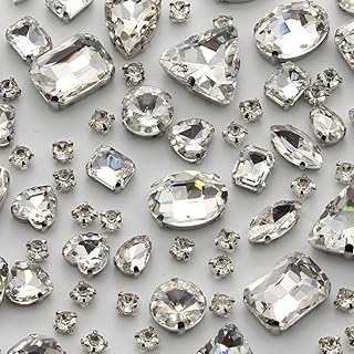 TANOSII Sew on Rhinestones 100 PCS Mixed Shapes Glass Rhinestones Sew on Crystal Gems Mental Flatback with Silver Claw for Jewelry Crafts Clothes Shoes Costume Garment White