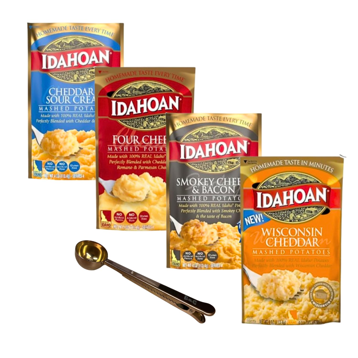 Idahoan Variety Pack Cheese Flavors Mashed Potatoes, Bundled VECOSAS All-in-One Spoon - Includes Bag Clip