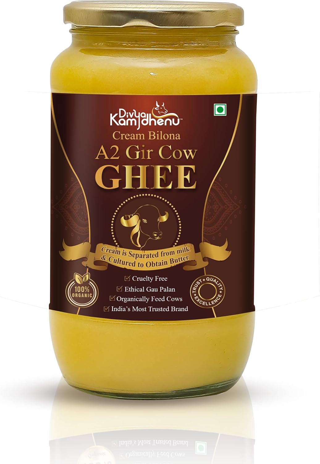 Divya Kamdhenu Cream Bilona A2 Gir Cow Ghee Cream is Separated from milk and Cultured to Obtain Butter Desi Gir Cow Bilona Ghee, Grassfed, Cultured, 250 Ml Glass Bottle