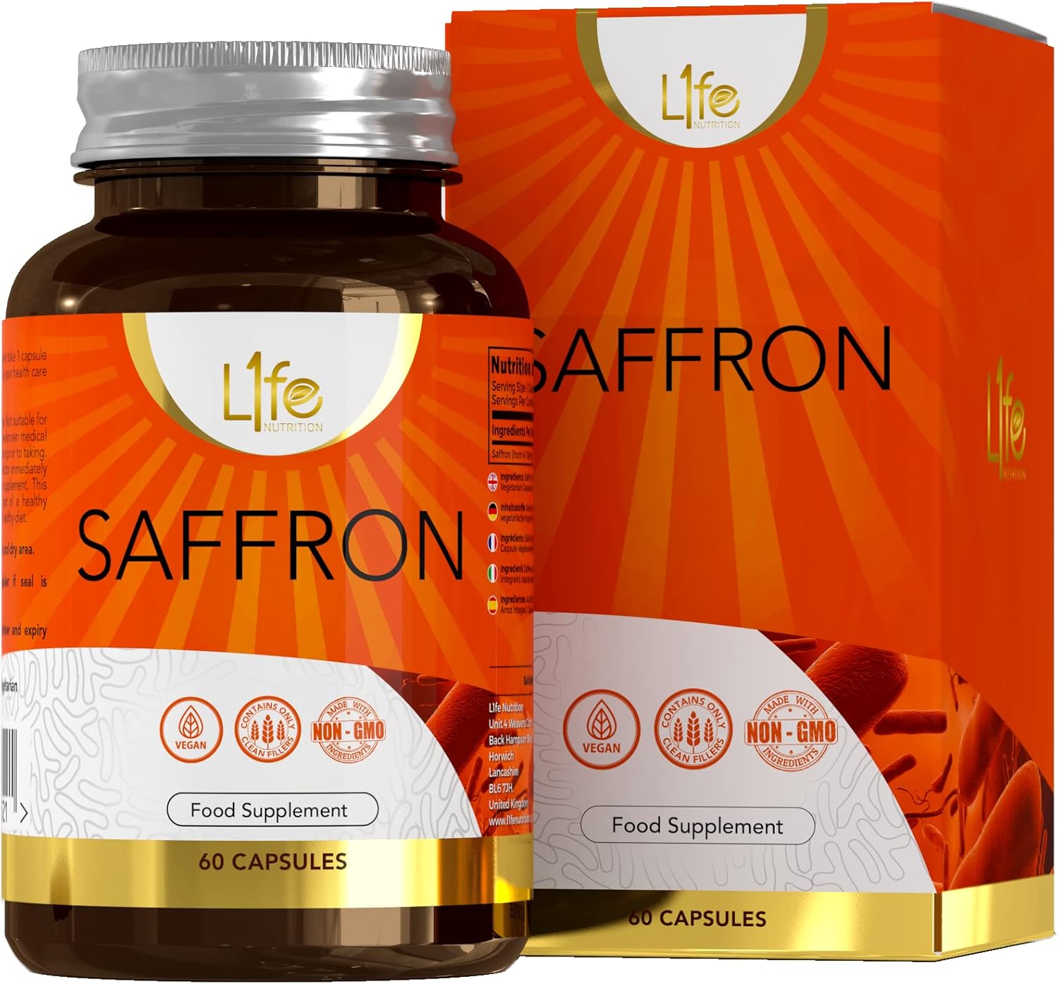 LN Saffron | 60 High Strength Safron Capsules - 90mg Saffron Supplement (from 4:1 Extract) per Serving | Safron Extract | Non-GMO, Gluten & Allergen Free | Manufactured in The UK