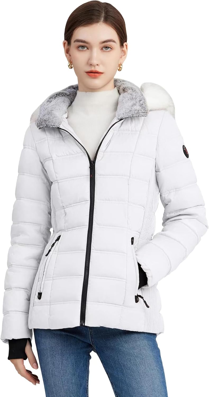 SLOWTOWN Women's Puffer Jacket Warm Hooded Winter Puffy Jacket with Faux-Fur Trim and Collar