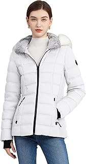 SLOWTOWN Women's Puffer Jacket Warm Hooded Winter Puffy Jacket with Faux-Fur Trim and Collar