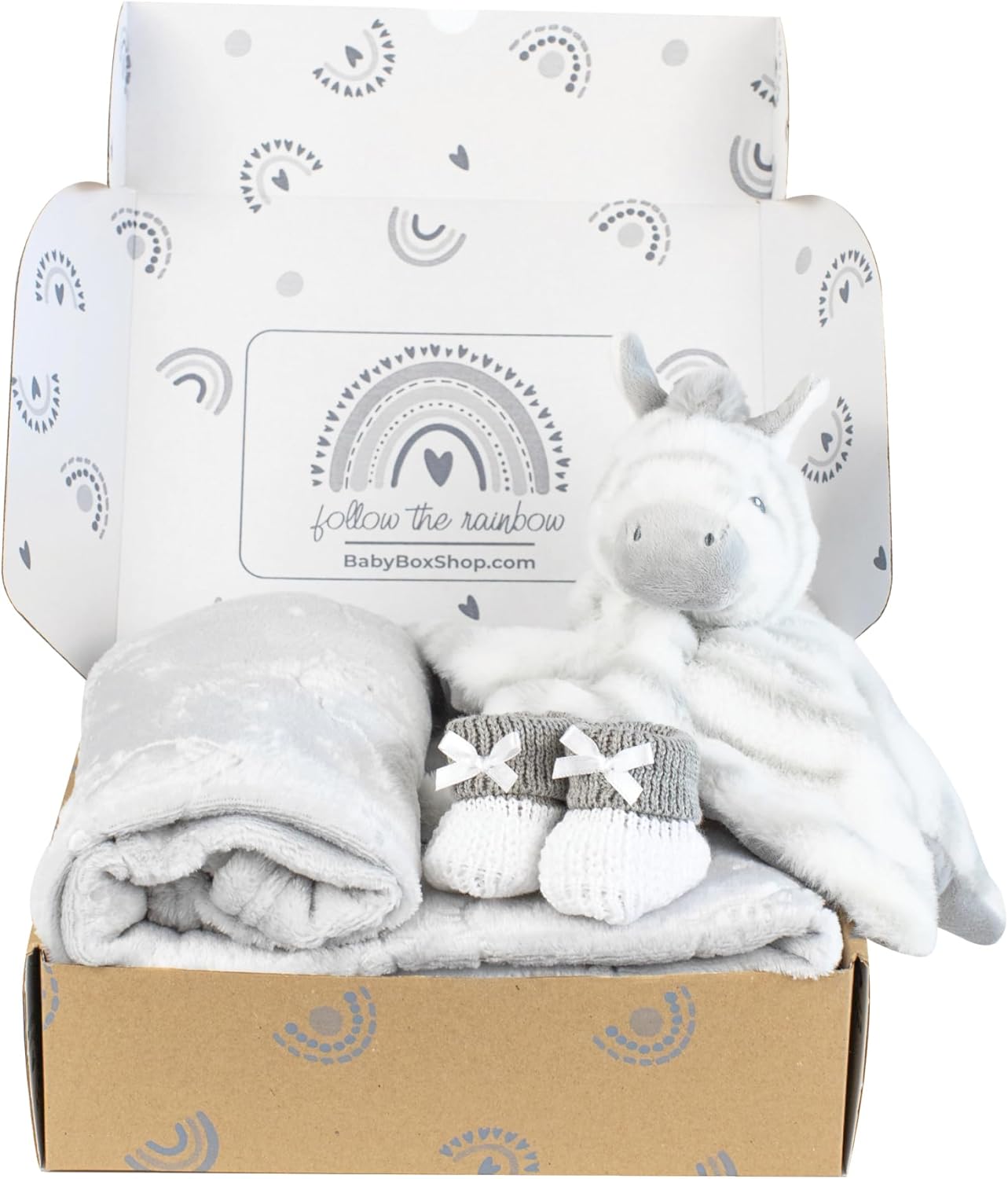 Baby Box Shop - 4 Baby Essentials for Newborn Unisex, Ideal as Baby Shower Gifts & Christening Gifts, Includes a Zebra Baby Comforter, Grey Fleece Baby Blanket and Grey & White Cotton Booties