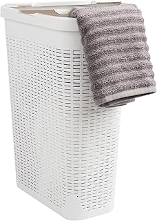 Mind Reader 40L Slim Laundry Hamper, Clothes Basket, Lid, Wicker Design, Plastic, 18"L x 10.4"W x 23.5"H, White