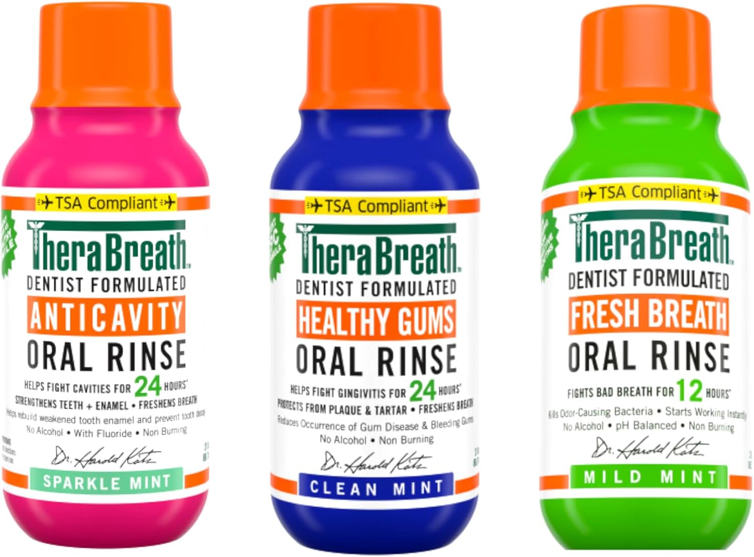 Mouthwash, Anticavity Sparkle Mint & Healthy Gums Clean Mint & Fresh Breath Mild Mint, Alcohol-Free, Travel Size, 3 fl oz Each