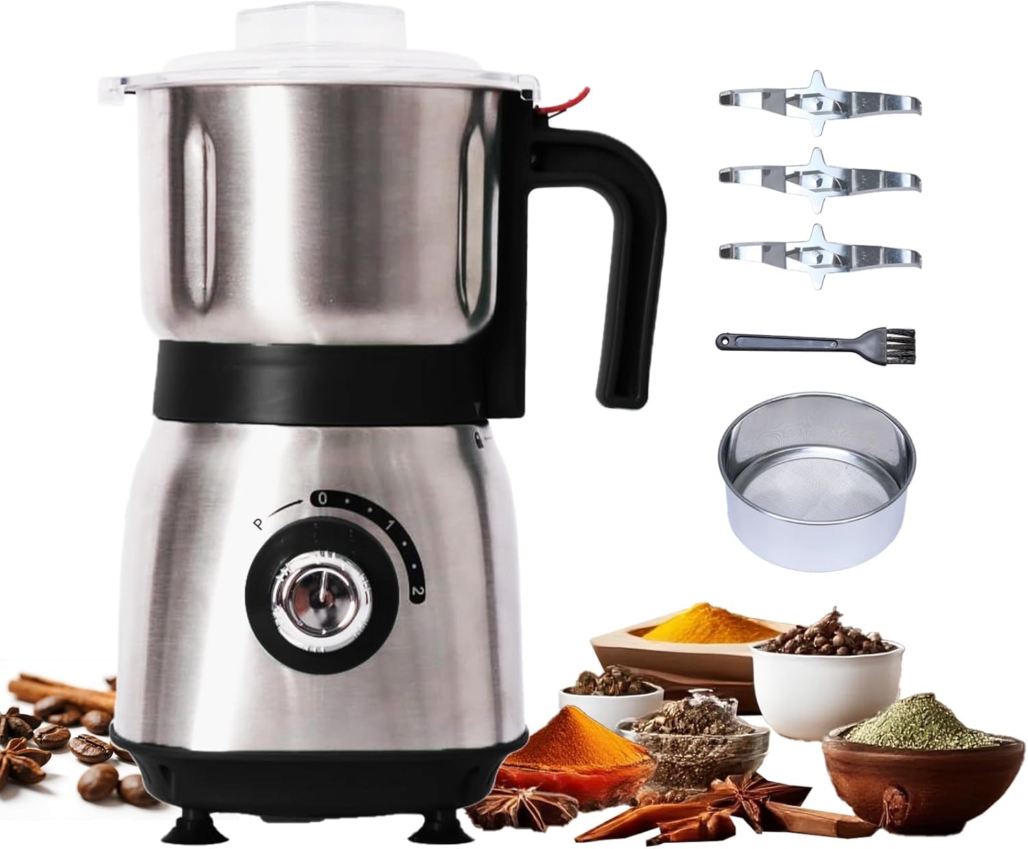 Electric Grinder for Kitchen - 500W Grain Mill with 3 Stainless Steel Blades, Versatile Spice Grinder for Coffee, Grinding Spices, Bean, Grains, Nuts (Black)