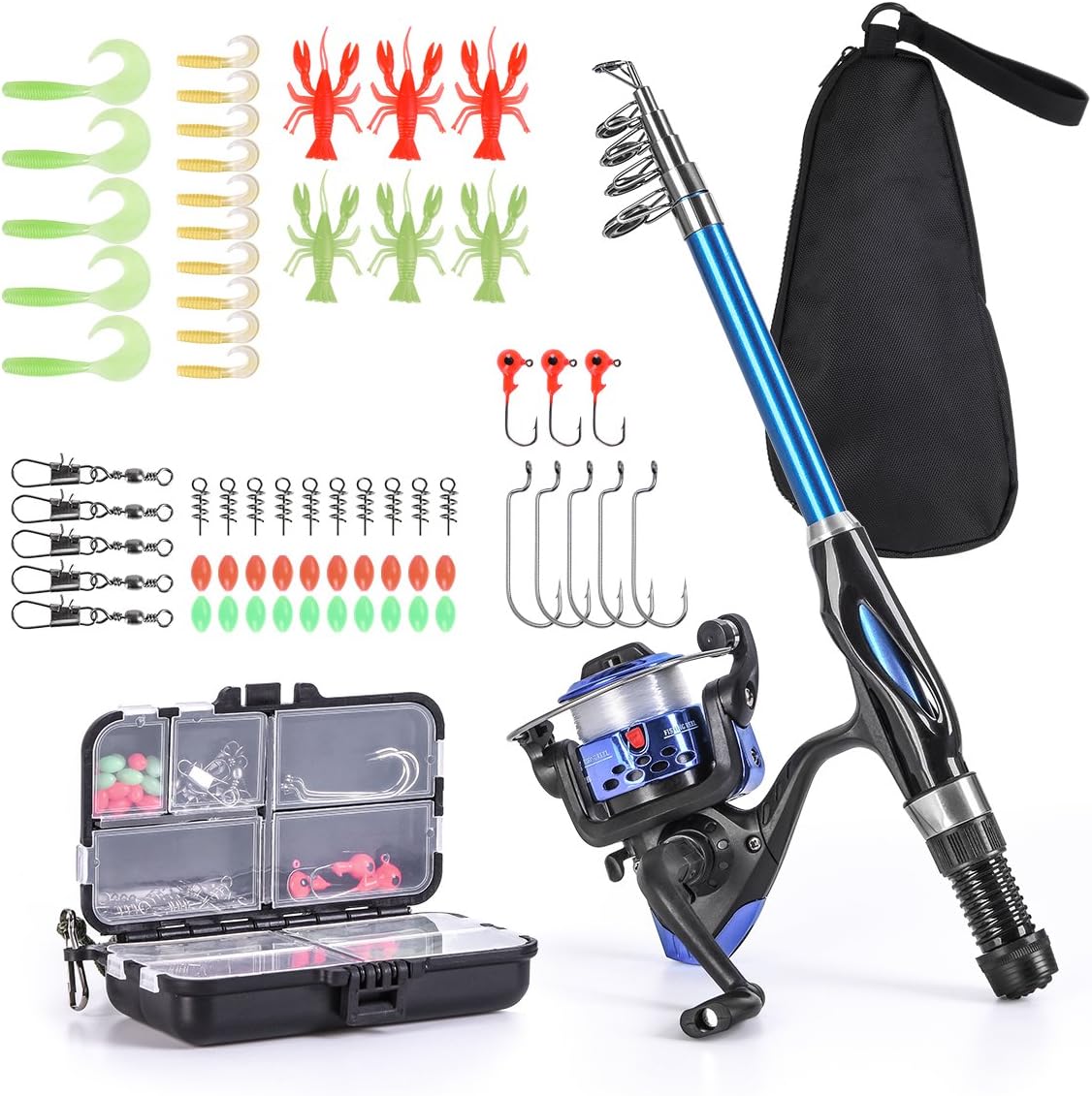 LEOFISHING Light Weight Kids Fishing Pole Telescopic Fishing Rod and Reel Combos with Full Kits Lure Case and Carry Bag for Youth Fishing and Beginner 130CM Blue