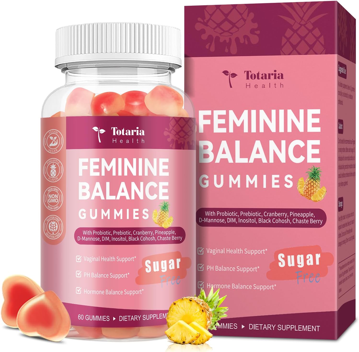 Premium Feminine Balance Gummies Sugar Free Multivitamin Gummies for Women PH Balance Vitality & Gut Health Support Pineapple Flavor 60 Count