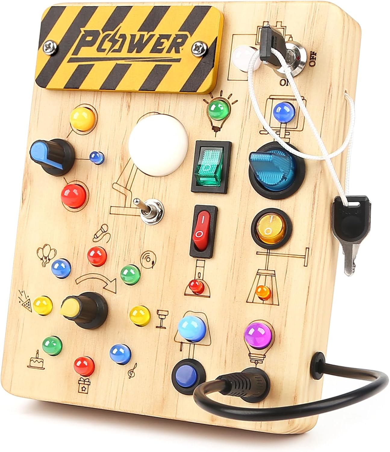 Joyreal Montessori Busy Board 2 Year Old, Wooden Fidget Sensory Toy for Toddlers, Activity Board with 19 LED Lights, Educational Travel Toy for Boys Girls 2 3 4 Year Old