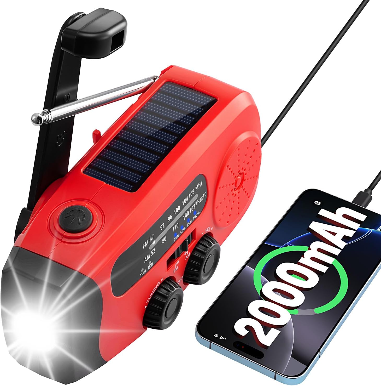 Latest Version Wind Up Radio Solar, Battery, Torch, Phone Charger 2000mAh Rechargeable Power Bank UK Emergency Hand Crank AM/FM Radio with Live Weather Updates Camping Emergency Survival Kit SOS Alarm