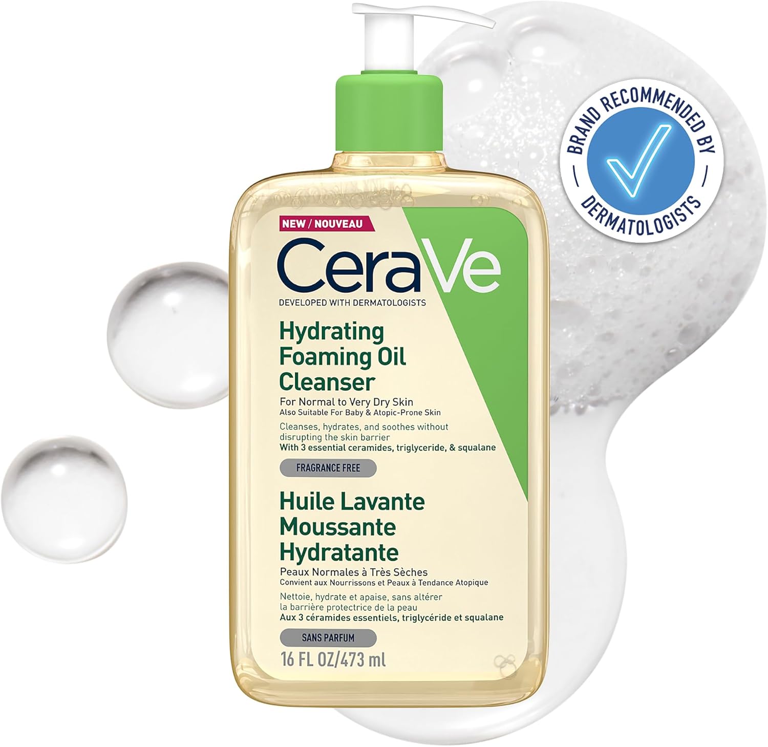 CeraVe Hydrating Foaming Oil Cleanser for Normal to Very Dry Skin with Squalane, Triglyceride and 3 Essential Ceramides, For Face and Body