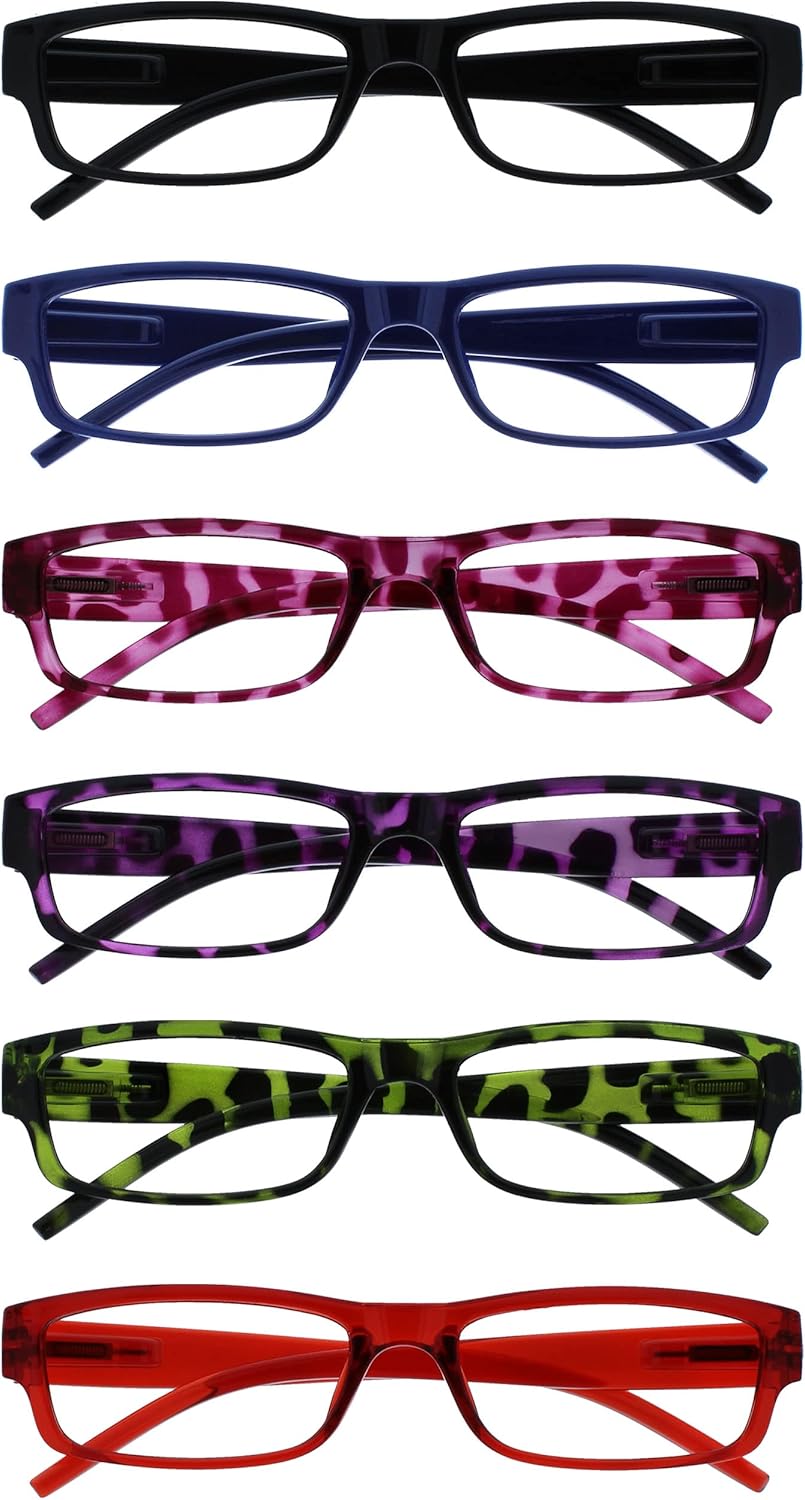 OPULIZE ACE Reading Glasses for Women Men, Lightweight Comfortable Narrow Rectangular Frame with Spring Hinges, Scratch Resistant, Black Blue Pink Purple Green Red +2.00 (Pack of 6)