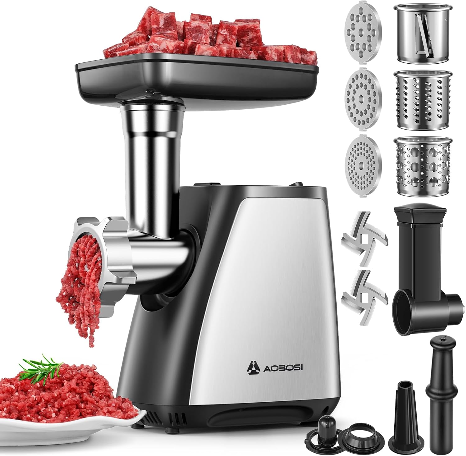 AAOBOSI Electric Meat Grinder, 4-in-1 Meat Mincer Machine [2800W Max] with 3 Slice, Shred Blades, 2 Blades, 3 Plates, Sausage Stuffer, Kubbe Kit, for Home Kitchen Use, Sliver
