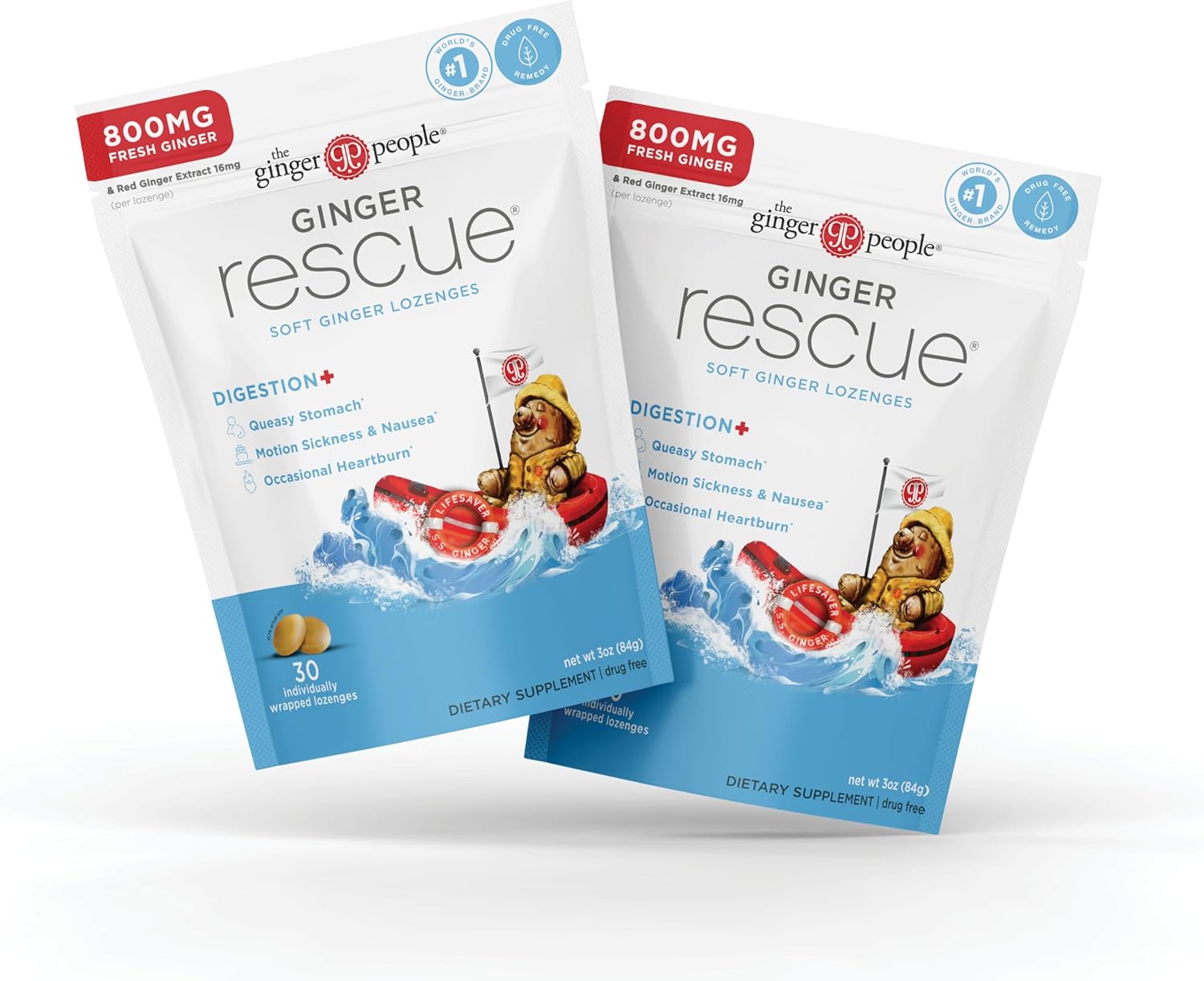 The Ginger People Ginger Rescue Digestive Wellness Lozenges (Soft) | Extra Strength - 800mg | Nausea, Upset Stomach, Motion Sickness, Mild Heartburn, Indigestion, 30 Count (Pack of 2)
