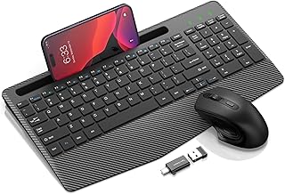 Wireless Keyboard and Mouse Combo, Ergonomic Keyboard with Wrist Rest, Phone Holder, Sleep Mode, 2.4G Lag-Free Rechargeable Compact Silent Cordless Keyboard Mouse for Windows, Mac, Laptop, PC (Black)