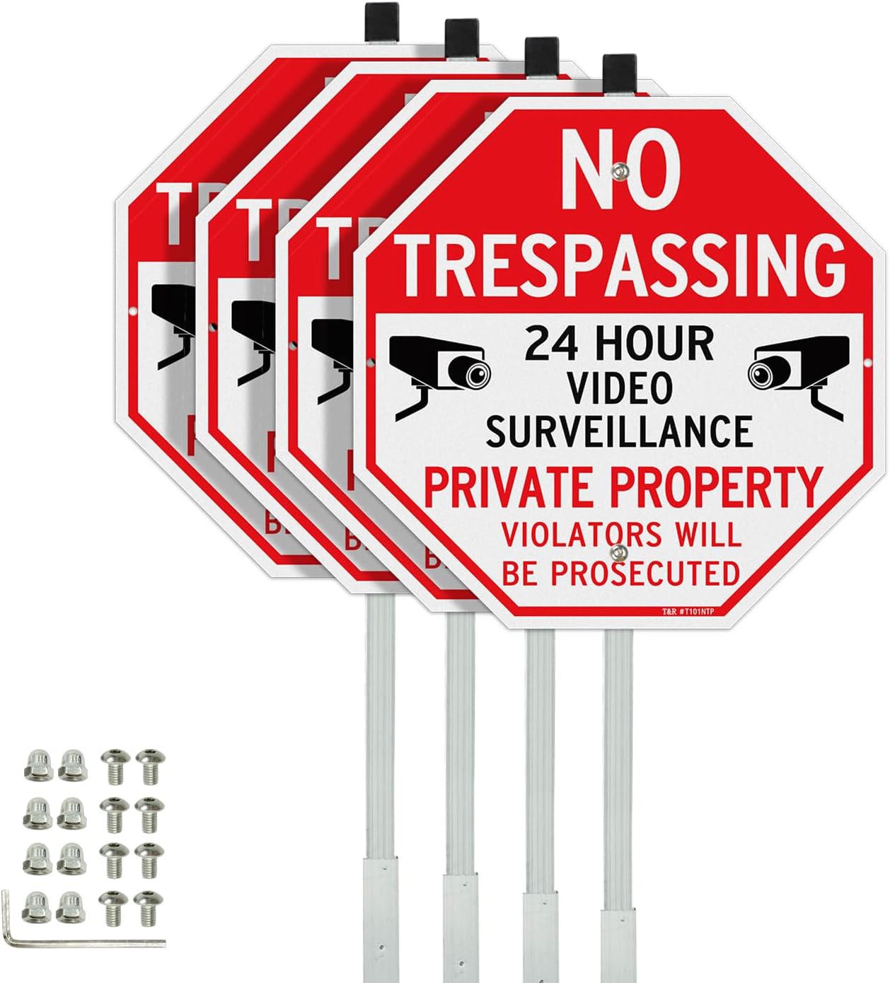 T&R Large No Trespassing Private Property Sign Video Surveillance Sign with 36" Stake for Outside - 4 Pack - 12"x12" .040 Rust Free Heavy Aluminum, Reflective, Waterproof, Weatherproof, 4 pre-drilled holes,Includes Matching Screws & Wrench, Easy to Mount