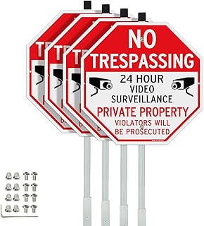 T&R Large No Trespassing Private Property Sign Video Surveillance Sign with 36" Stake for Outside - 4 Pack - 12"x12" .040 Rust Free Heavy Aluminum, Reflective, Waterproof, Weatherproof, 4 pre-drilled holes,Includes Matching Screws & Wrench, Easy to Mount
