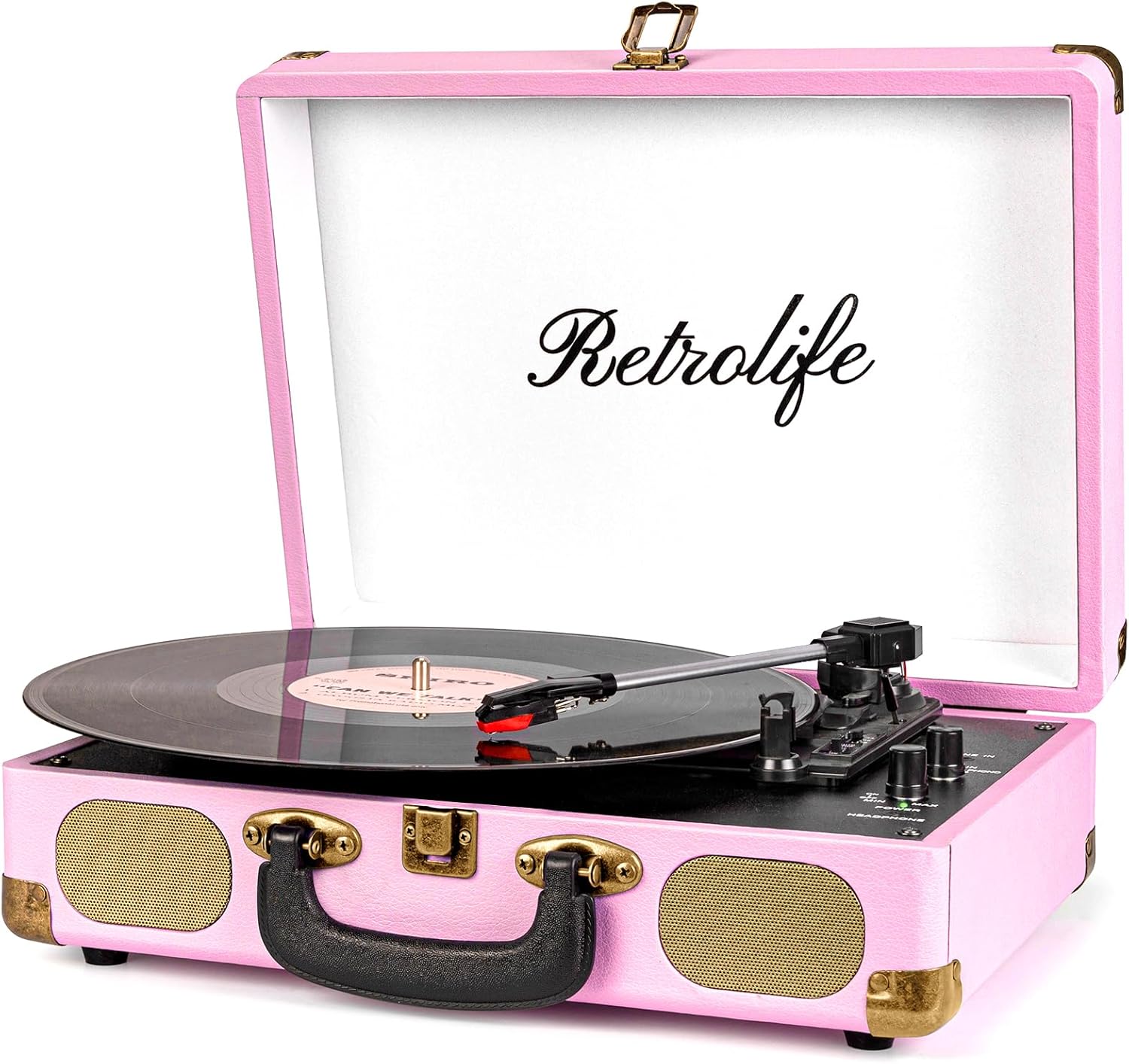 Vinyl Record Player 3-Speed Bluetooth Suitcase Portable Belt-Driven Record Player with Built-in Speakers RCA Line Out AUX in Headphone Jack Vintage Turntable Pink