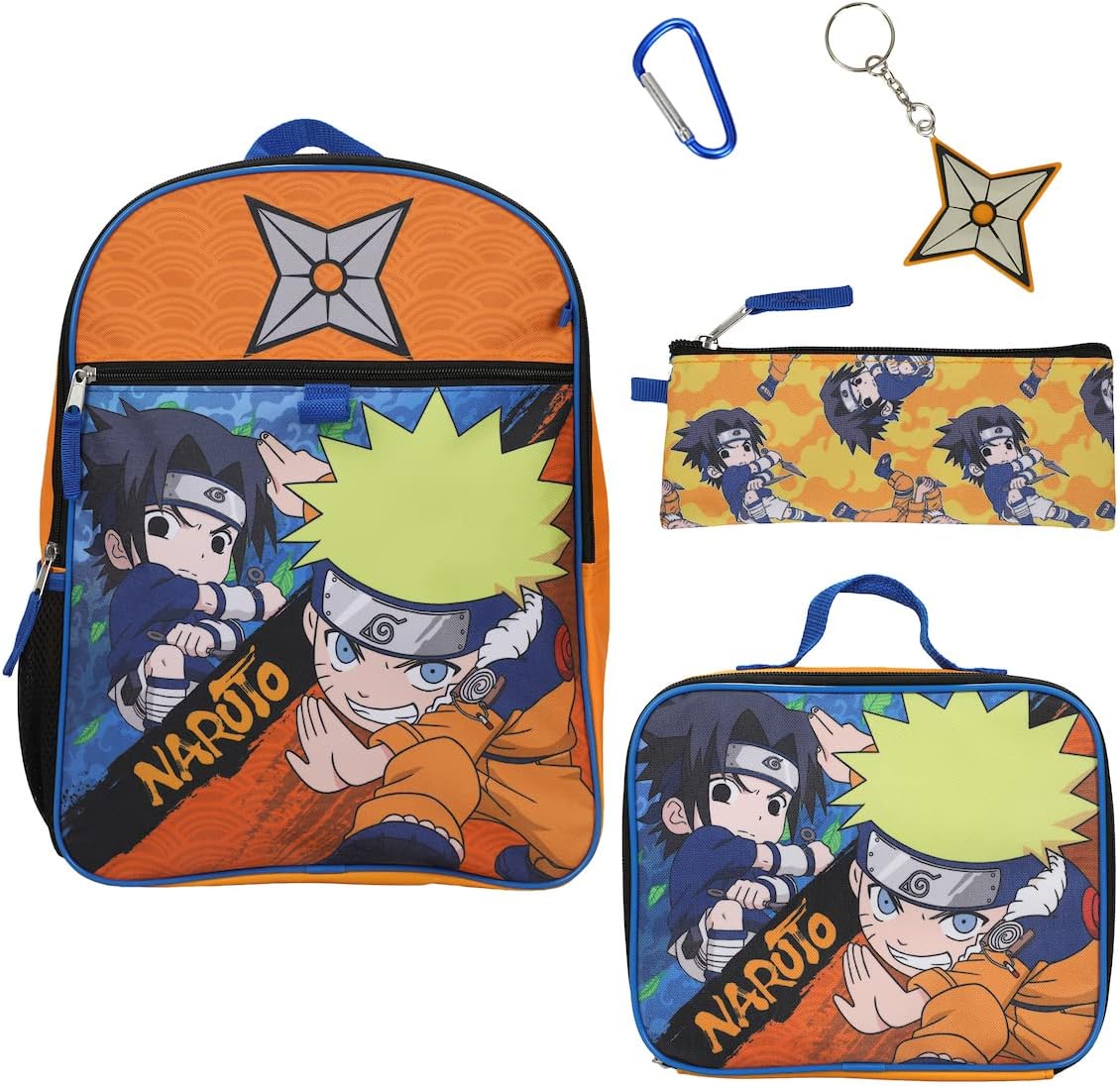 BIOWORLD Sasuka & Naruto 5-Piece Backpack Set (Little Big Kid), Blue, One Size