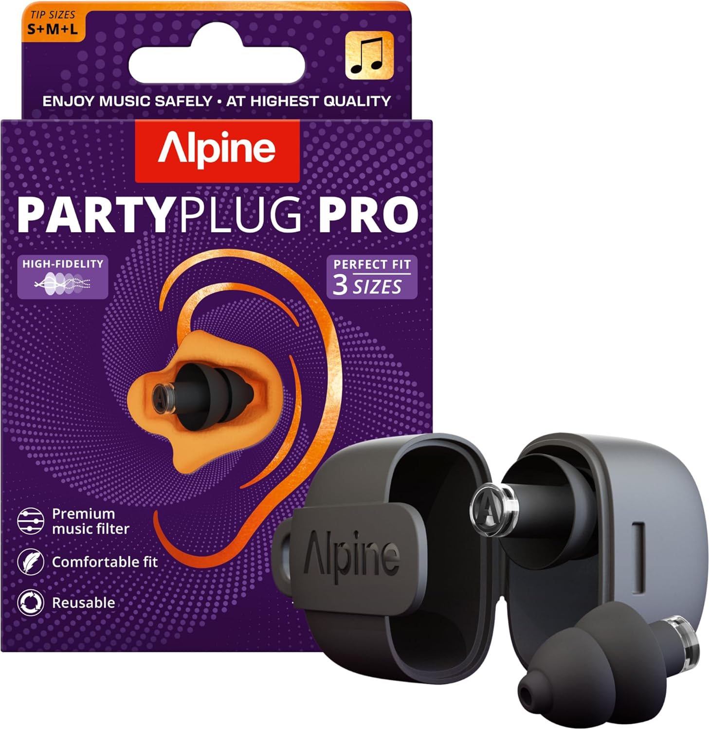 Alpine PartyPlug Pro Ear Plugs for Concerts - New & Improved High Fidelity Professional Earplugs, 21dB Noise Reduction, Hearing Protection for Music Festivals, Raves & Events, 3 Tip Sizes, Black
