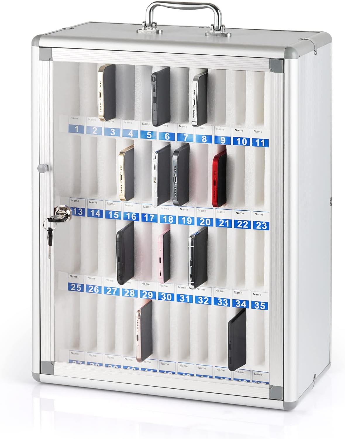48 Slots Aluminum Alloy Pocket Chart Storage Cabinet for Cell Phones,Wall-Mounted with a Locked,Can be Carried by Hand (48 Slots)