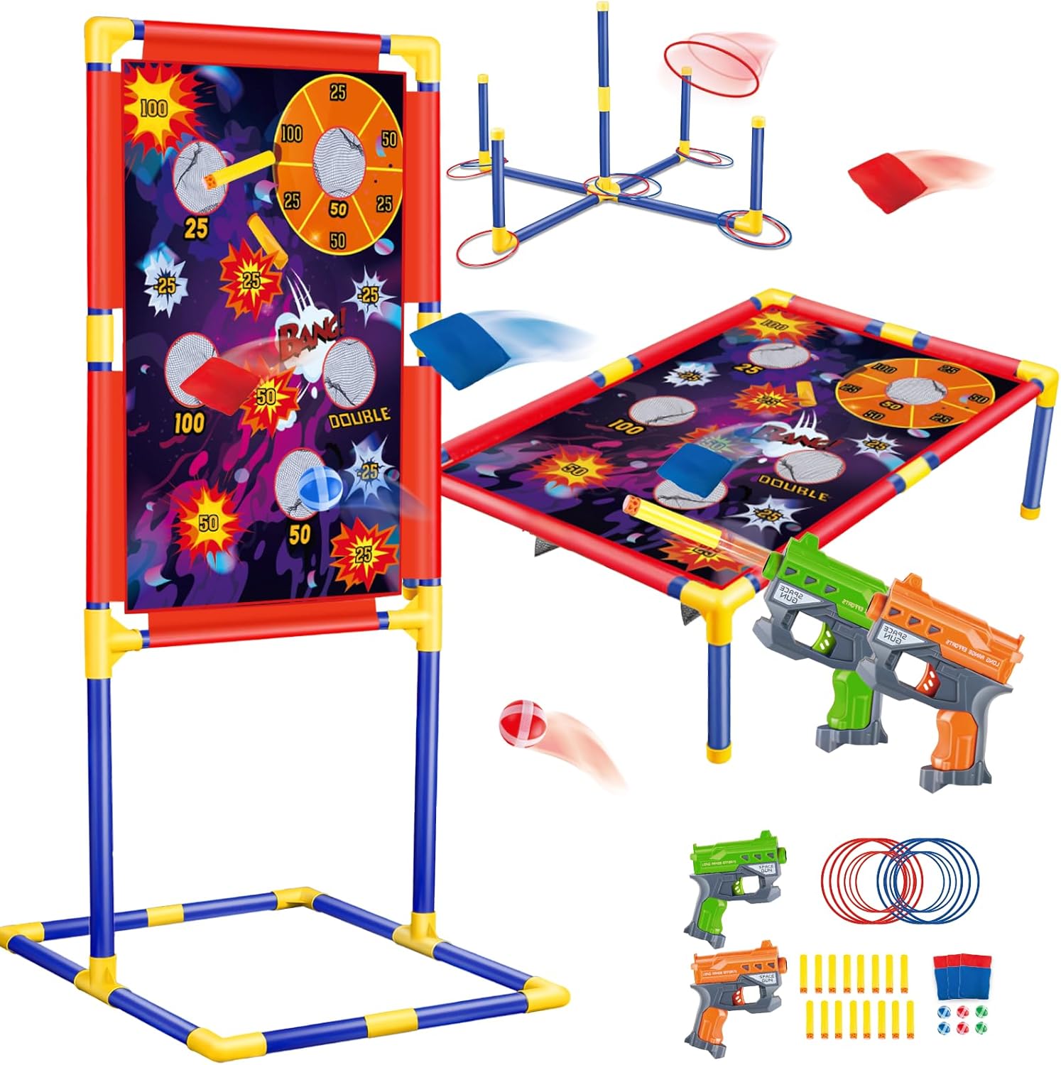 Shooting Games for Kids – 3-in-1 Bean Bag Toss & Shooting & Ring Toss Carnival Outdoor Game Set with 2 Shooting Toys Blasters, Garden Indoor Outdoor Toys for Boys Girs Ages 5 6 7 8 9 10+ Gift