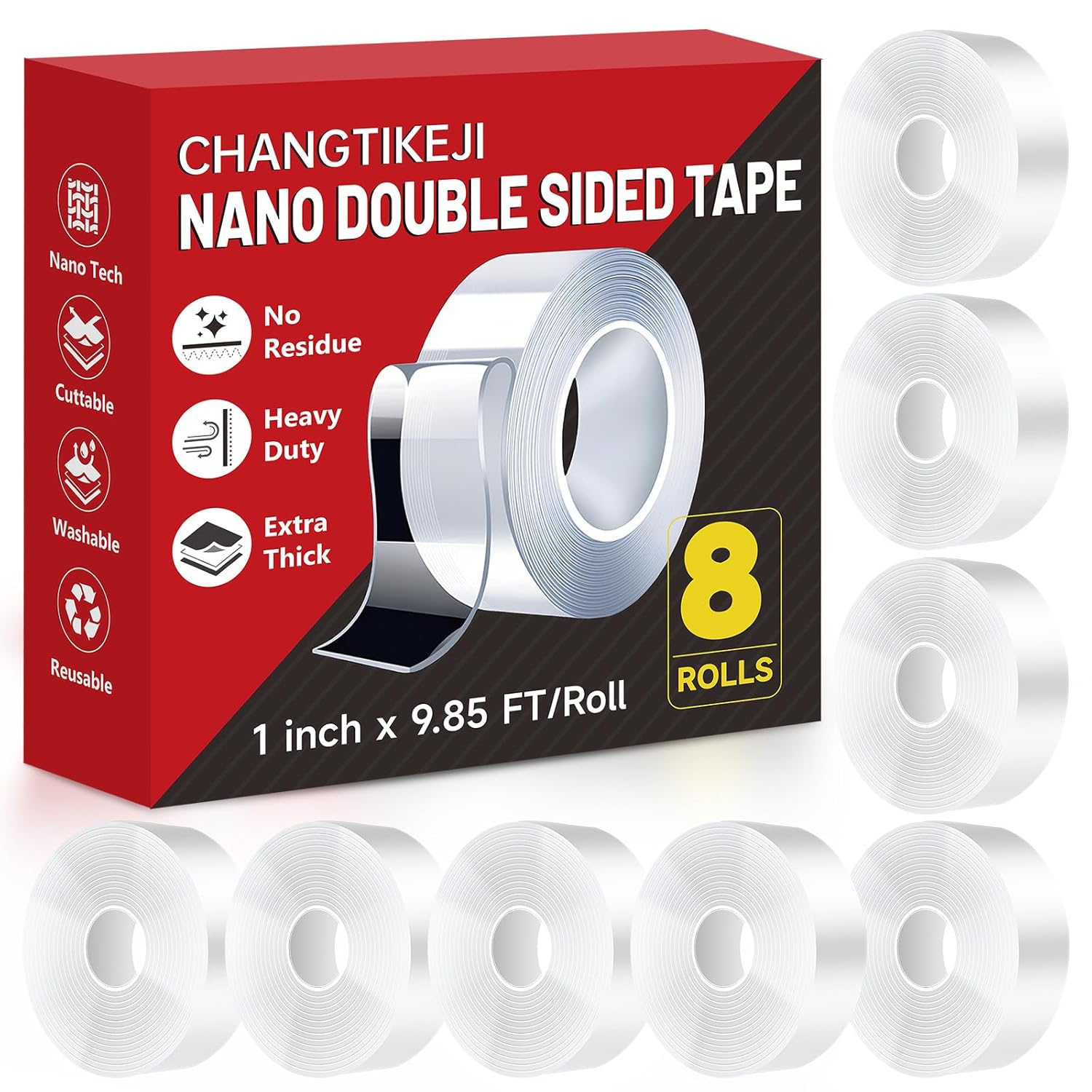 CHANGTIKEJI Double Sided Tape Heavy Duty 8 Rolls 1 Inch x 9.85 Feet, Clear & Tough Nano Tape, Multipurpose Mounting Tape for Walls, Bathroom, Carpets,Posters,Photo,Kitchens,Mats