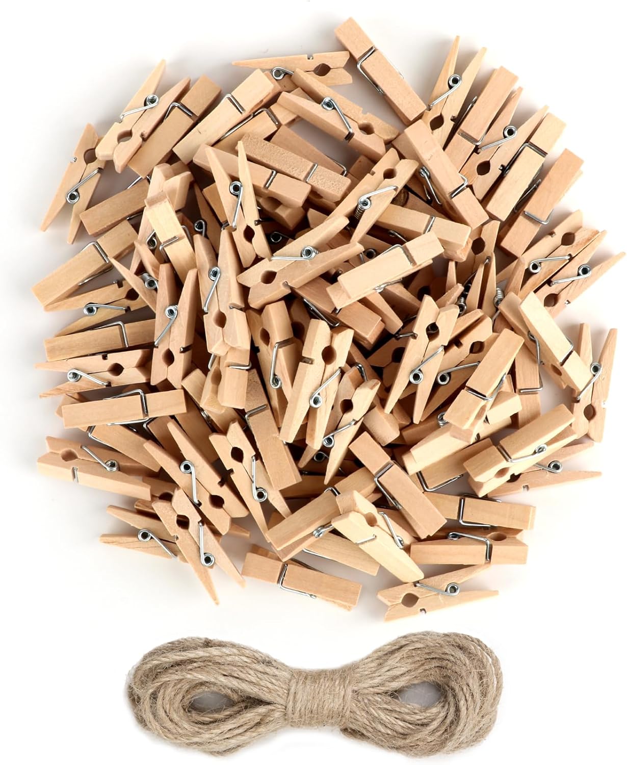 Mini Clothespins, 100 Pcs 1.4 Inch Mini Clothespins for Photos with 10m Jute Twine, Small Photo Clips Mini Clothes Pins Wooden, Mini Wooden Clothespins Hang Wedding Party Crafts