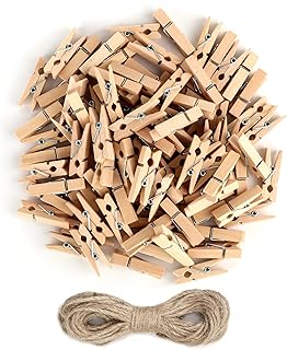 Mini Clothespins, 100 Pcs 1.4 Inch Mini Clothespins for Photos with 10m Jute Twine, Small Photo Clips Mini Clothes Pins Wooden, Mini Wooden Clothespins Hang Wedding Party Crafts