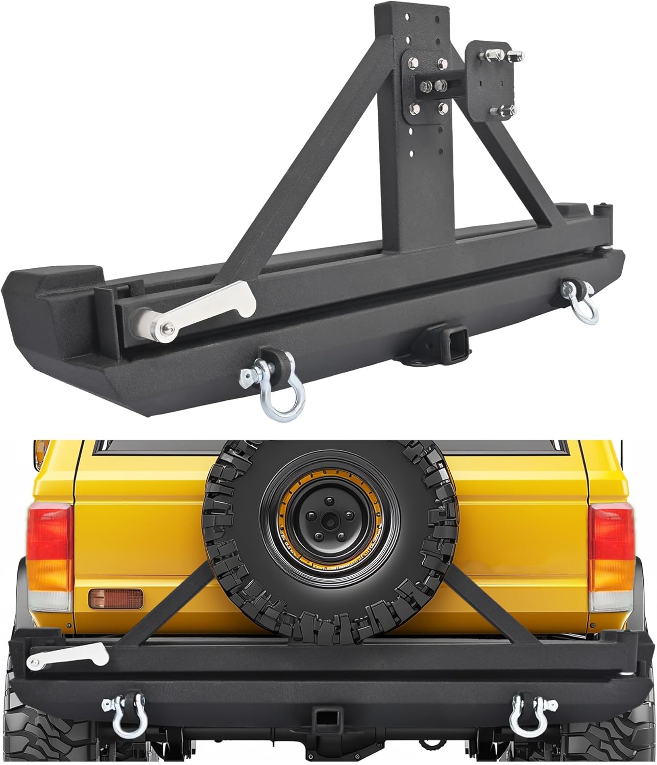 Rear Bumper With Adjustable Tire Carrier Compatible with 1984-2001 Jeep Cherokee XJ Models W/2'' Hitch & 2 D-Rings Functional Rear Bumper Steel Powder Coated Black