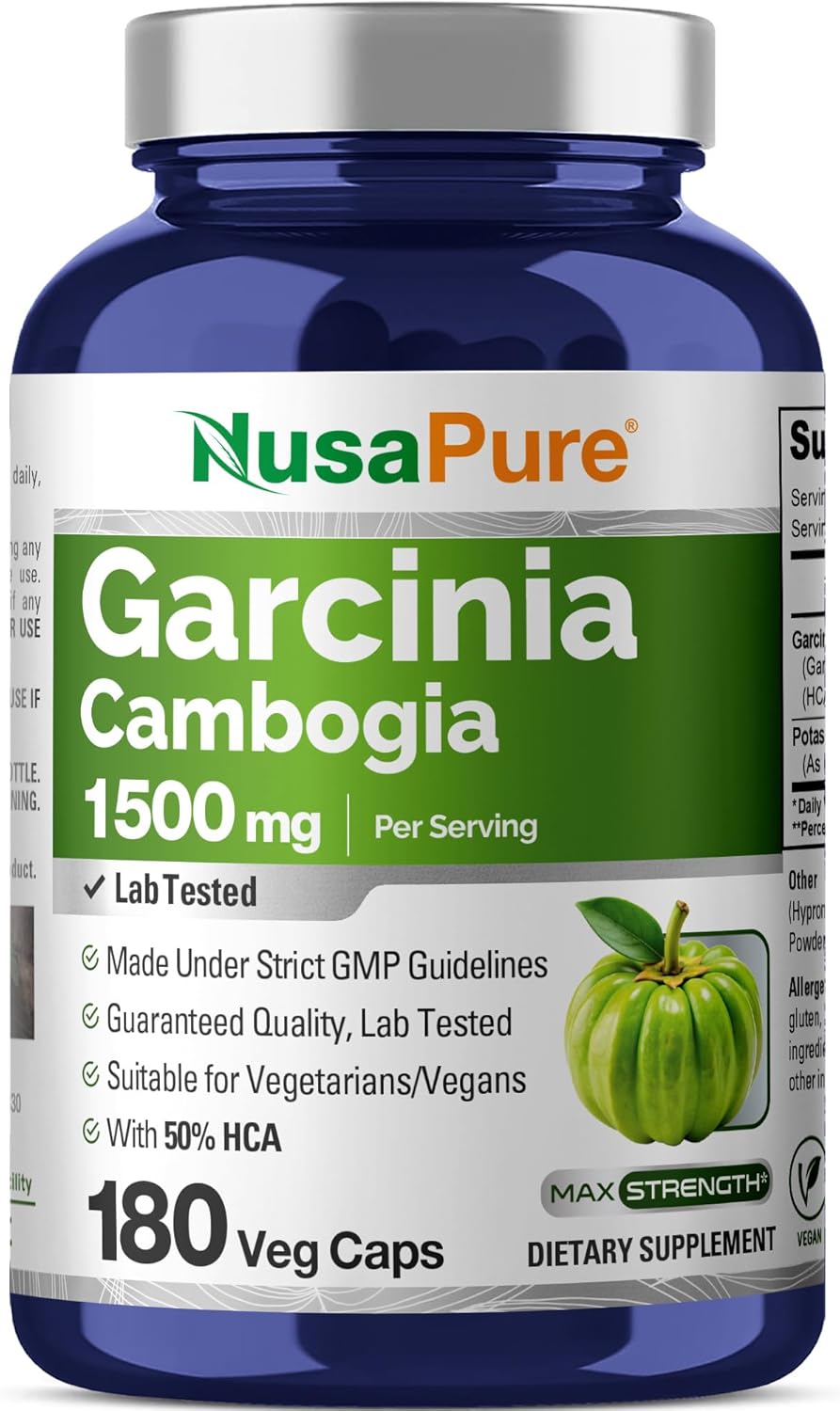 NusaPure Garcinia Cambogia 180 Veggie Caps 1500mg (Vegetarian, Non-GMO, Vegan)