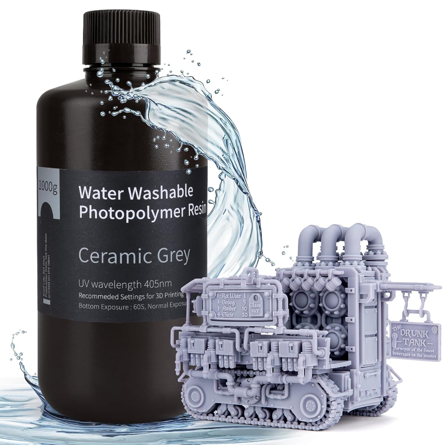 ELEGOO Water Washable 3D Printer Resin LCD UV-Curing Resin 405nm Standard Photopolymer Resin for Mars Saturn Jupiter MSLA DLP LCD 3D Printing 1000Gram Ceramic Grey