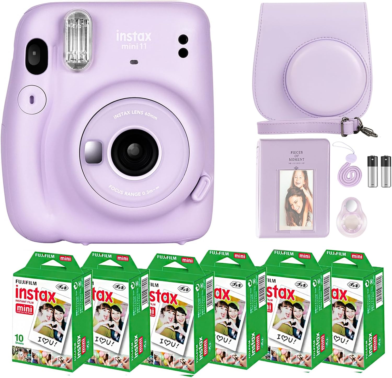 Fujifilm Instax Mini 11 Camera with Fujifilm Instant Mini Film (60 Sheets) Bundle with Deals Number One Accessories Including Carrying Case, Selfie Lens, Photo Album, Stickers (Lilac Purple)