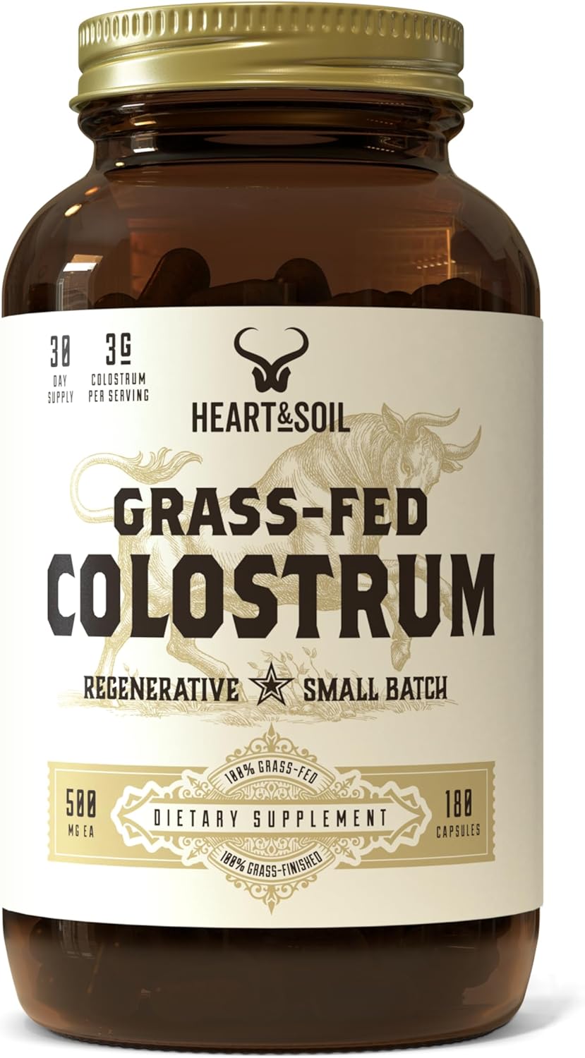 HEART & SOIL Bovine Colostrum – 3000mg Grass Fed Colostrum Supplement for Gut, Immune Support & Muscle Recovery – Non-GMO, Allergen-Free – 180 Capsules
