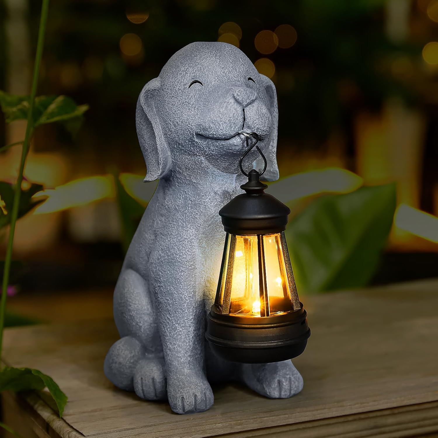 Solar Dog Statue with Lantern, Outdoor Garden Decor for Yard, Balcony, or Patio, Cute Resin Figurine Light, Birthday Gift for Women, Mom, or Grandma, Gray